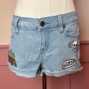 grunge y2k low rise jean shorts skull patch blackheart sz 5